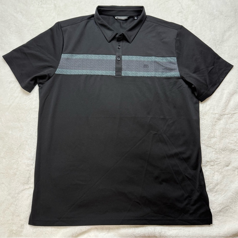 Travis Mathew Black Polo with Blue and Gray Stripe XXL